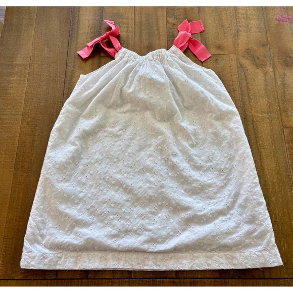 Lands' End Other - Lands End Kids White Eyelet Dress Pink Ribbon Tie Straps Girls Size Small 4 5